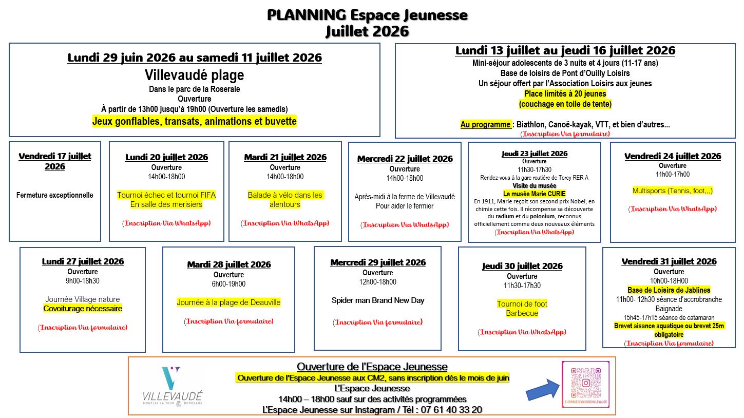 planning juillet 2026 espace jeunesse Espace jeunesse
